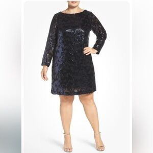 Vince Camuto Navy Sequin Long Sleeve Dress